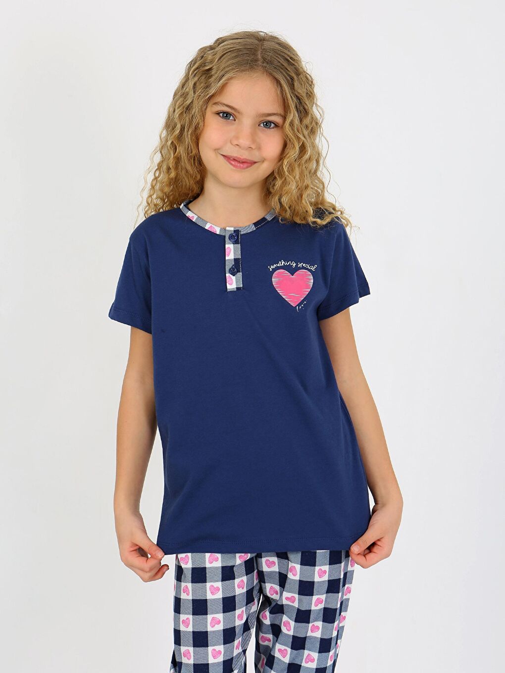 Lacivert Kız Çocuk Kısa Kollu Düğme Detaylı %100 Pamuklu Pijama Takımı Special Love
