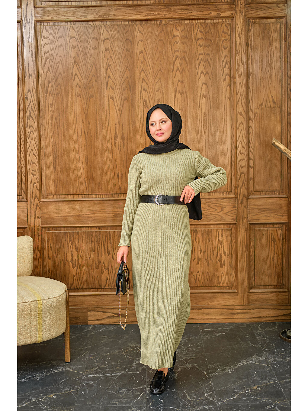 Kadın Bisiklet Yaka Triko Elbise Küf Yeşil-3