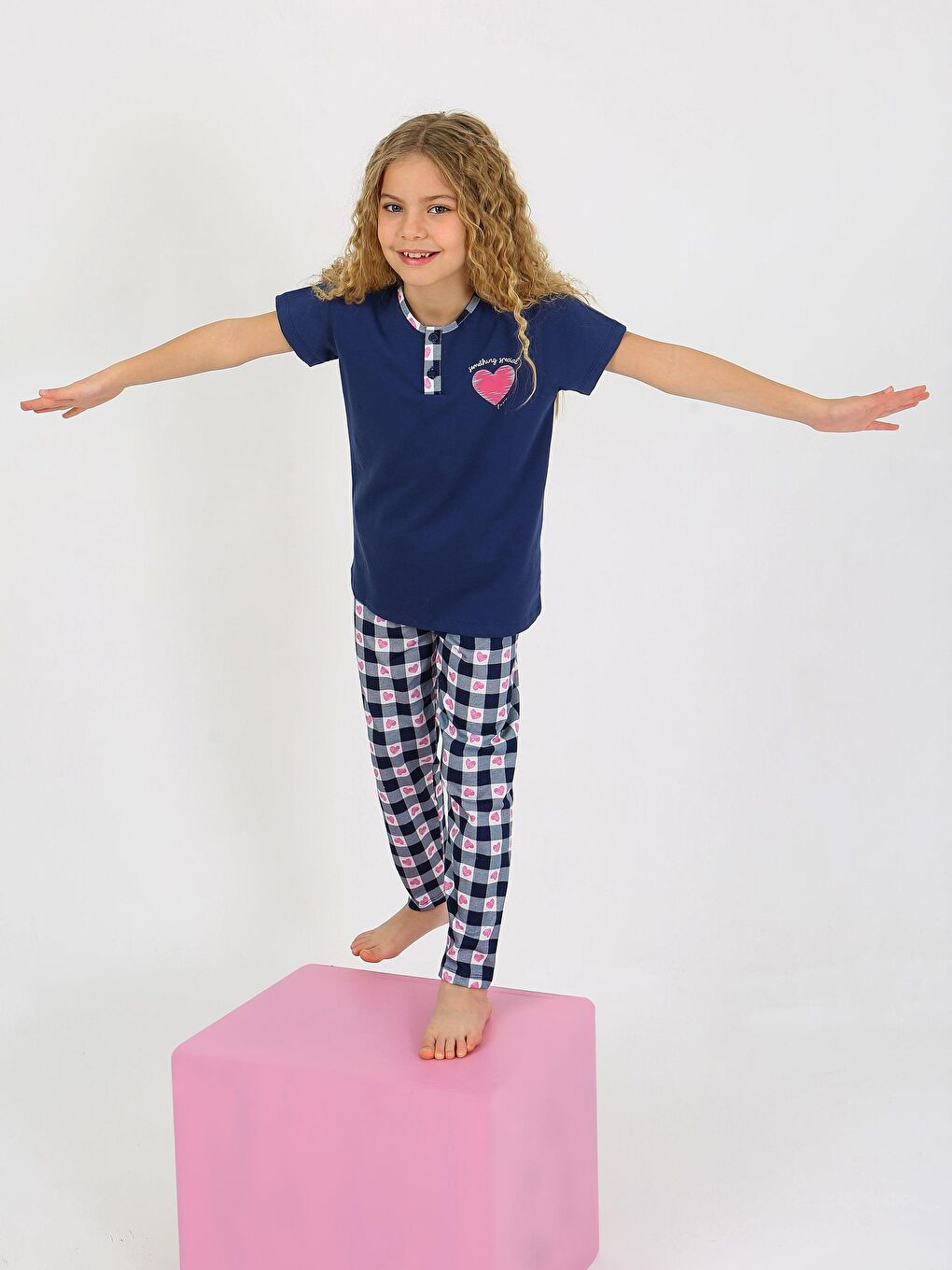 Lacivert Kız Çocuk Kısa Kollu Düğme Detaylı %100 Pamuklu Pijama Takımı Special Love-1