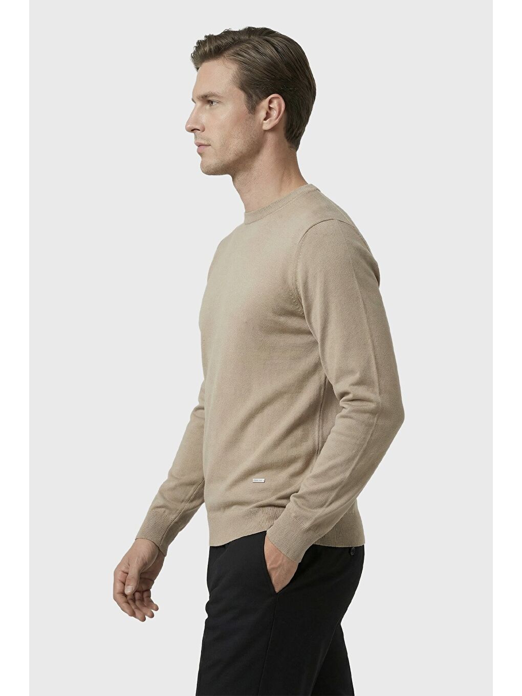 Standart Fit Bej Yün Karışımlı Sıfır Yaka Düz Desen Triko Kazak-2