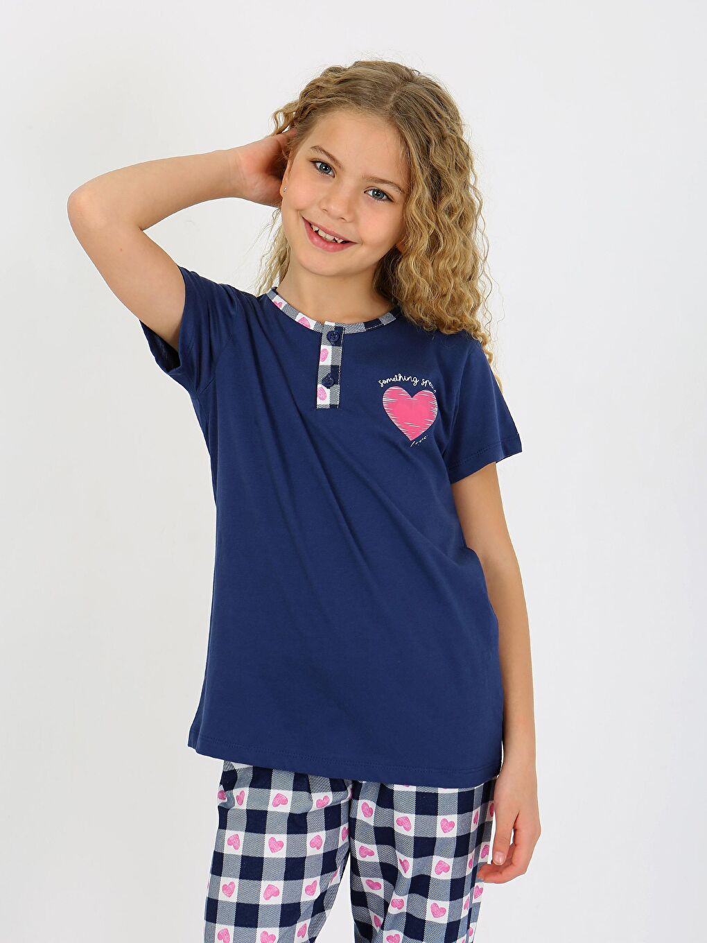 Lacivert Kız Çocuk Kısa Kollu Düğme Detaylı %100 Pamuklu Pijama Takımı Special Love-3