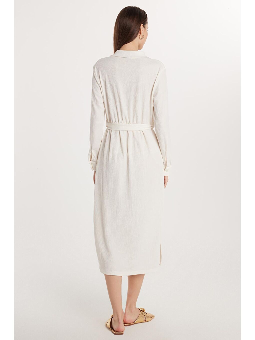 Kadın Regular Fit Uzun Kollu Bağlamalı Klasik Yaka Cepli Uzun Ekru Elbise-4