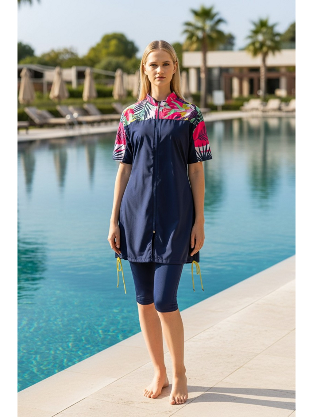 Lacivert Hızlı Kuruyan Paraşüt Kumaş 4 Parça Kısa Kollu Yarı Kapalı Mayo 25754