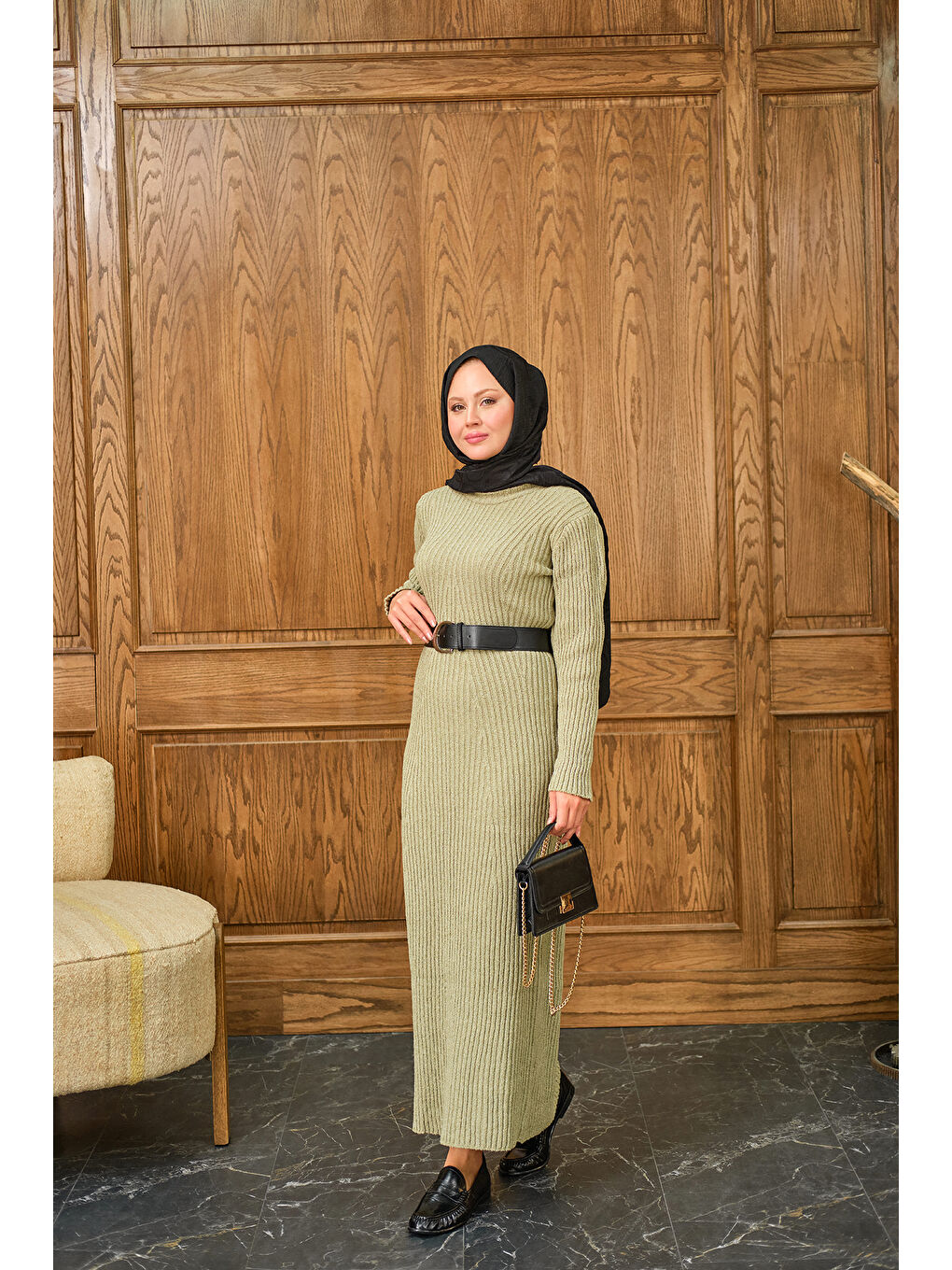 Kadın Bisiklet Yaka Triko Elbise Küf Yeşil-4