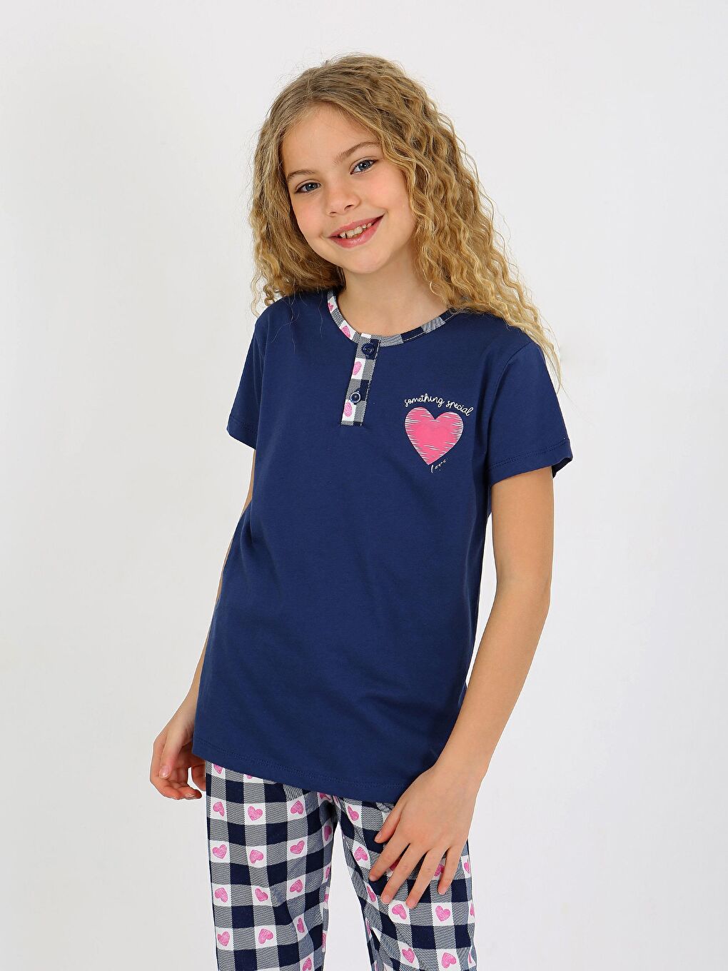 Lacivert Kız Çocuk Kısa Kollu Düğme Detaylı %100 Pamuklu Pijama Takımı Special Love-4