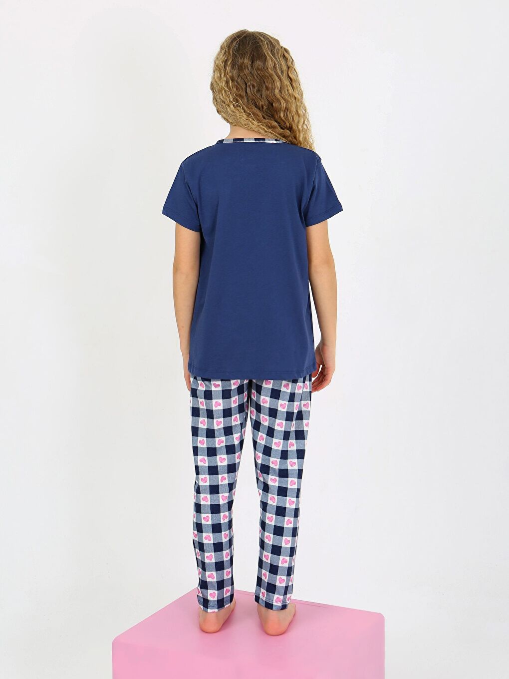 Lacivert Kız Çocuk Kısa Kollu Düğme Detaylı %100 Pamuklu Pijama Takımı Special Love-5