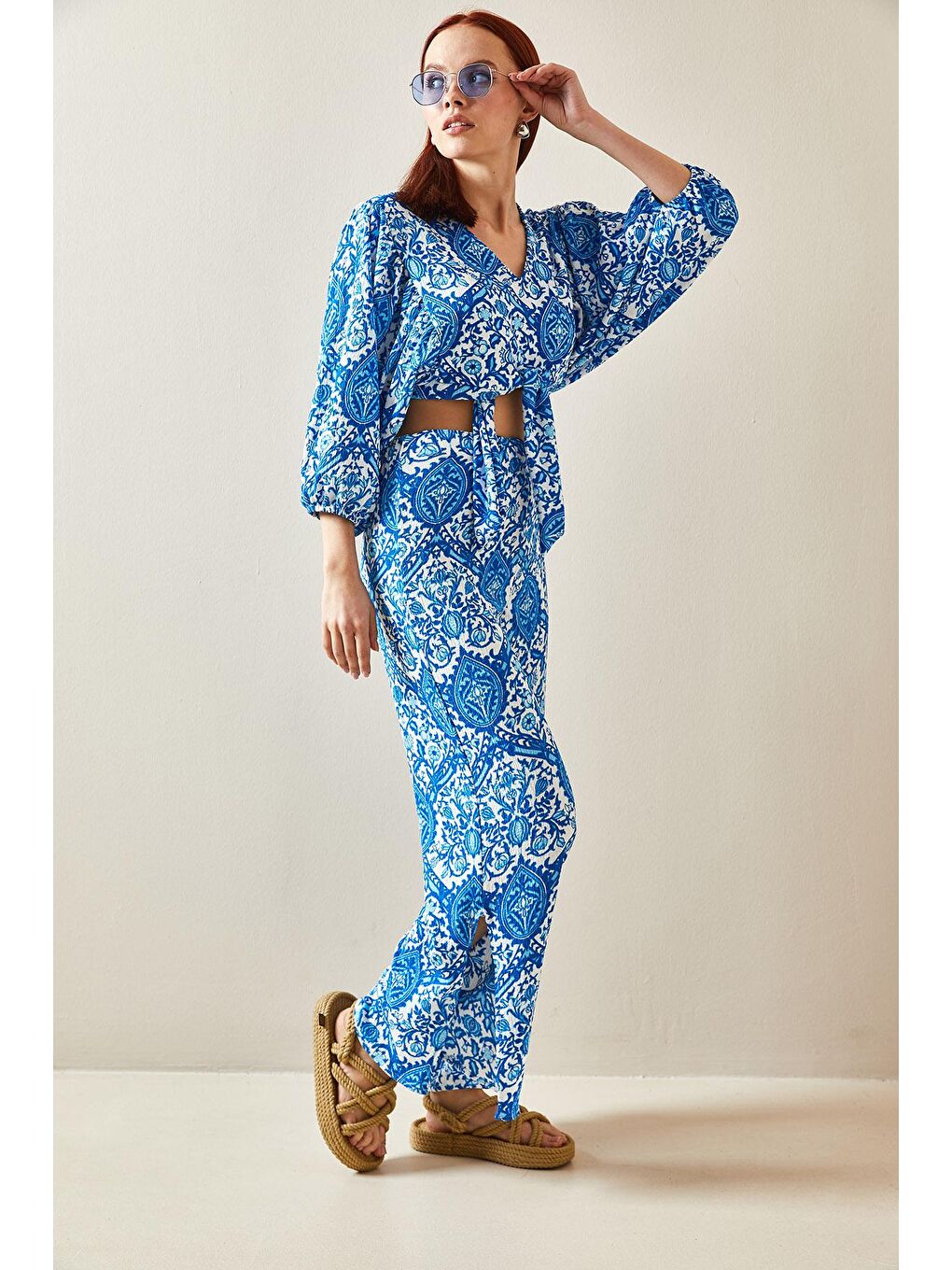 Turkuaz Çiçek Desenli Salaş Dökümlü İkili Takım 5YXK8-48187-13-2