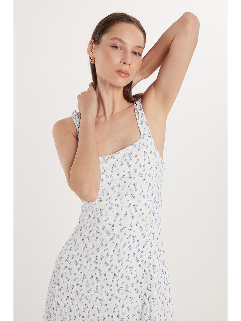 Karışık Kadın Slim Fit Dar Kesim İnce Askılı Kare Yaka Baskılı Gofre Kumaş Elbise-1