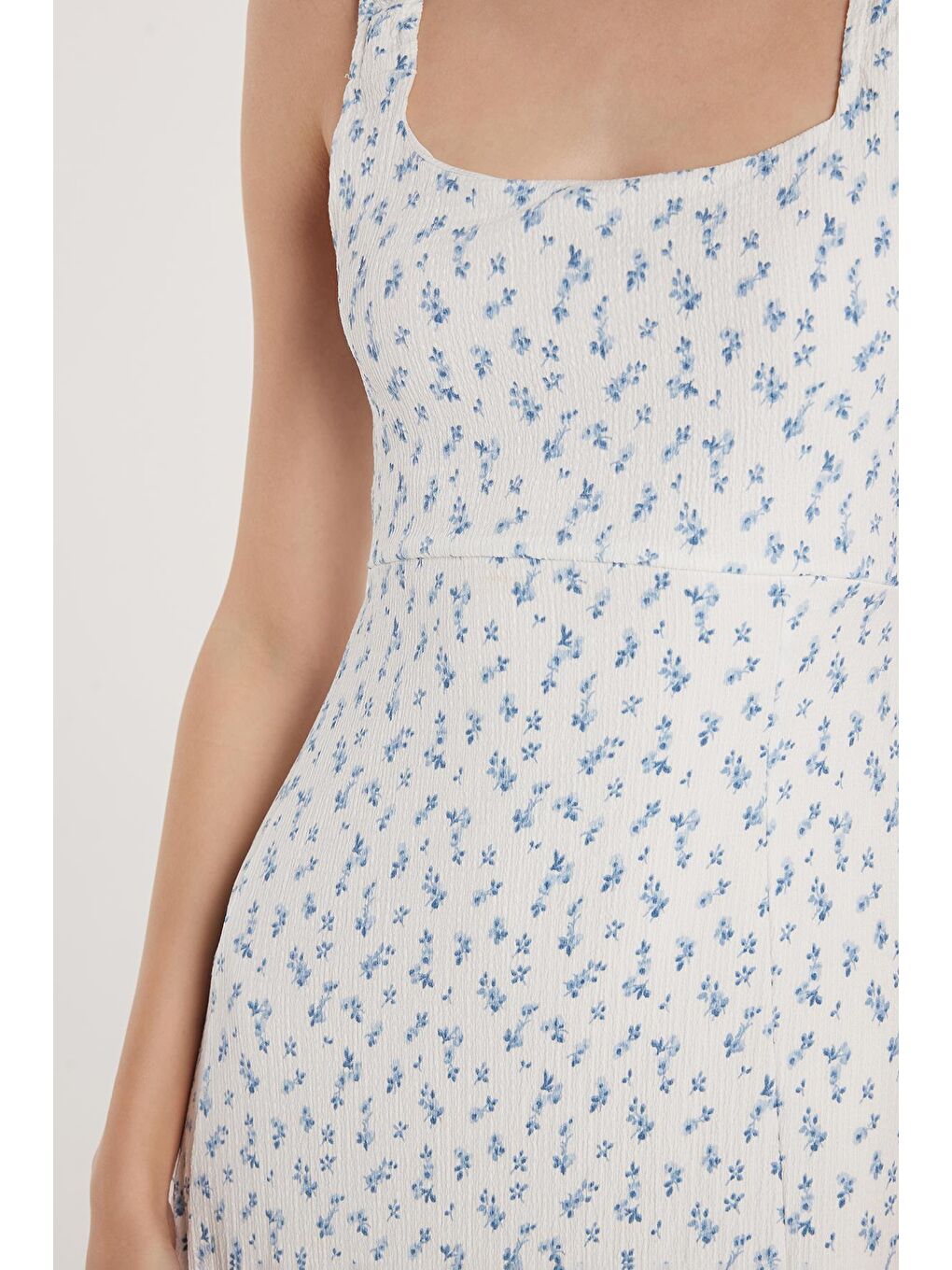 Karışık Kadın Slim Fit Dar Kesim İnce Askılı Kare Yaka Baskılı Gofre Kumaş Elbise-2