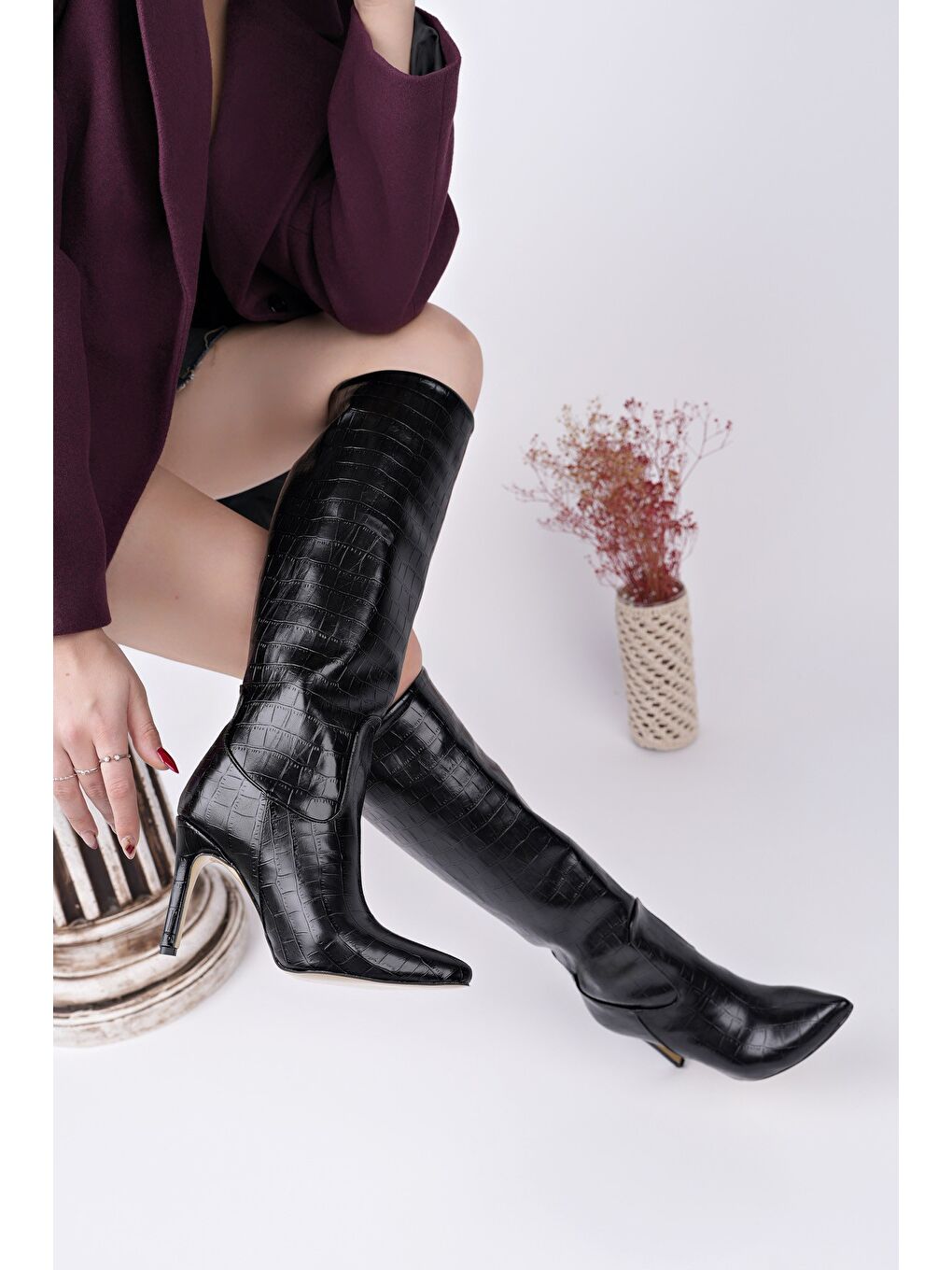 Siyah CLARİSSA Sivri Burun Kroko Desenli İnce Topuklu Kadın Çizme-2