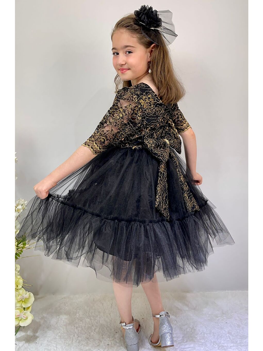 Siyah Kordone Dantel Sırt Fermuarlı Kız Çocuk Tütülü Abiye-3