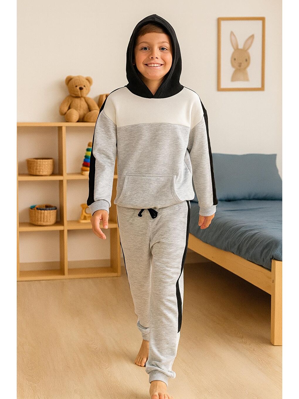 3 İplik Şardonsuz Kapüşonlu Alt Üst Erkek Çocuk Takım|Gri Melanj