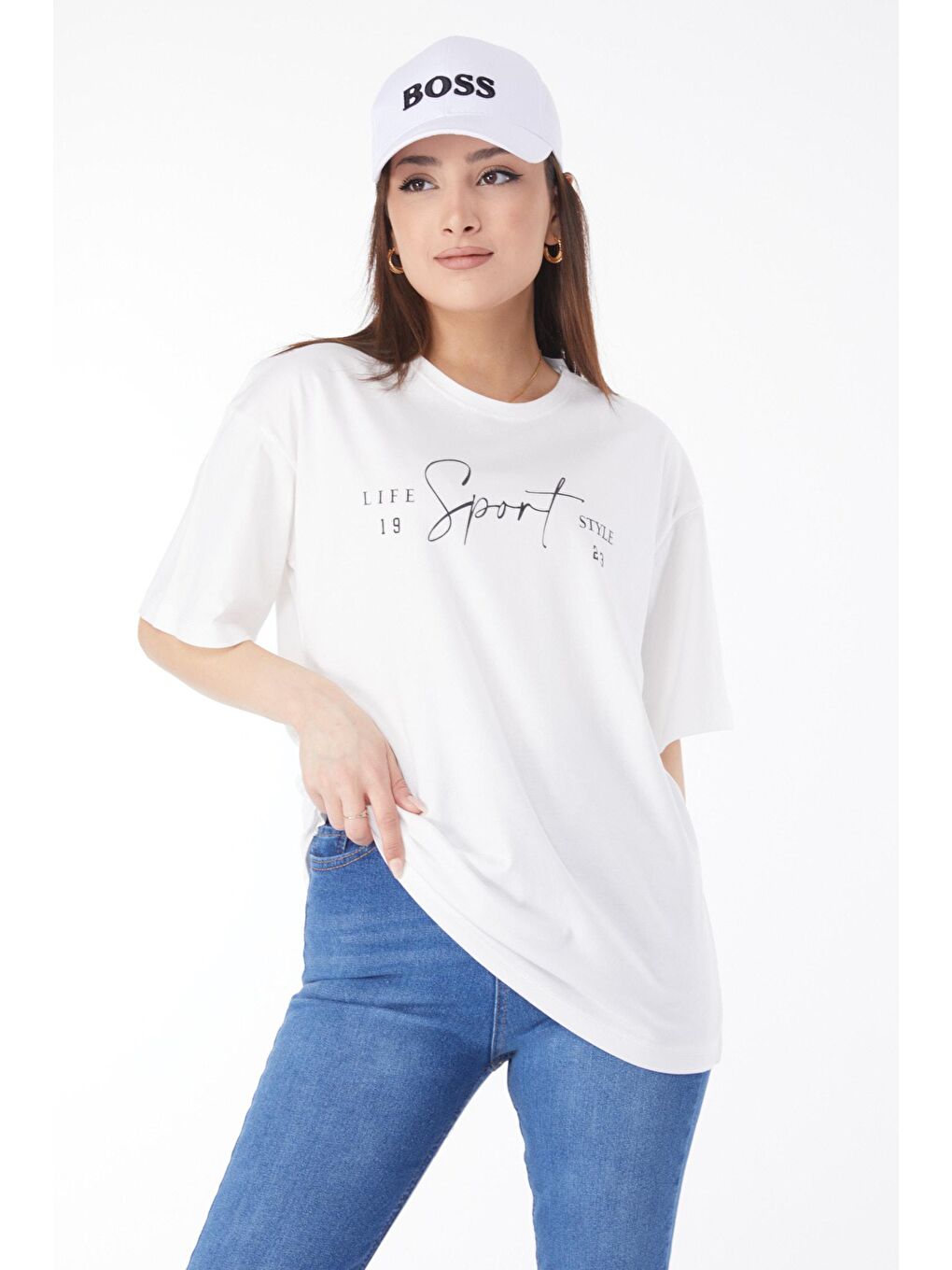 TOFİSA Beyaz Düz Bisiklet Yaka Kadın Beyaz Kısa Kollu Baskılı T-shirt - 24649 - 2