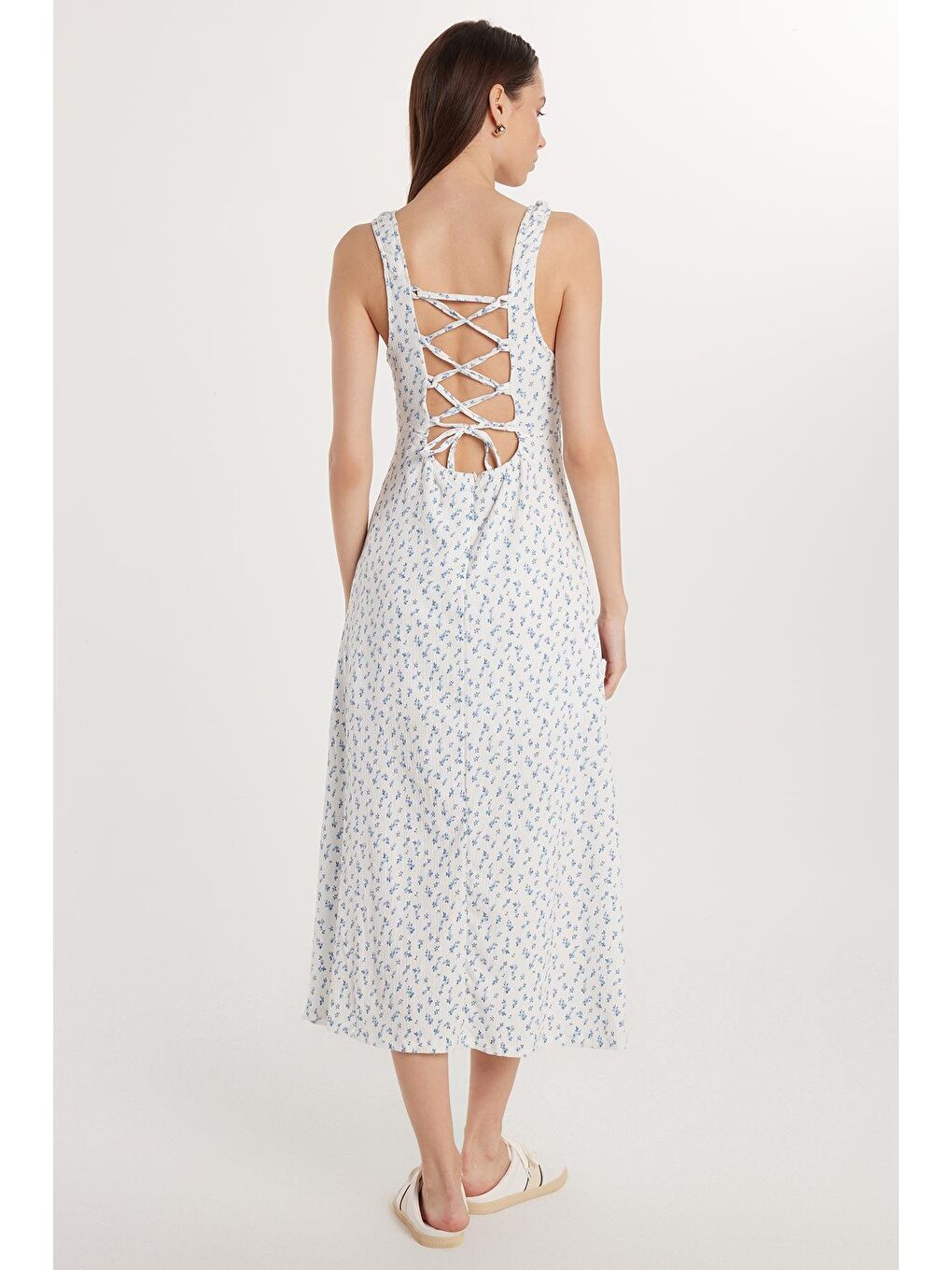 Karışık Kadın Slim Fit Dar Kesim İnce Askılı Kare Yaka Baskılı Gofre Kumaş Elbise-4