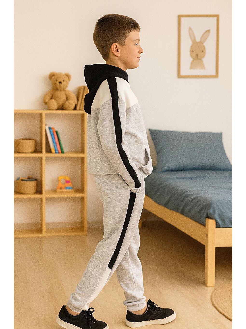 3 İplik Şardonsuz Kapüşonlu Alt Üst Erkek Çocuk Takım|Gri Melanj-1