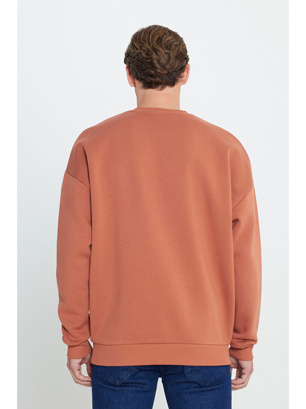 Kahverengi Erkek Açık Kahve Oversize Fit Bol Kesim Pamuklu İçi Polarlı Bisiklet Yaka Sweatshirt-4