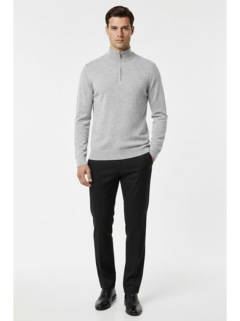 Gri Siyah Regular Fit Pamuklu Fermuarlı Yarım Balıkçı Yaka Erkek Triko Kazak-1