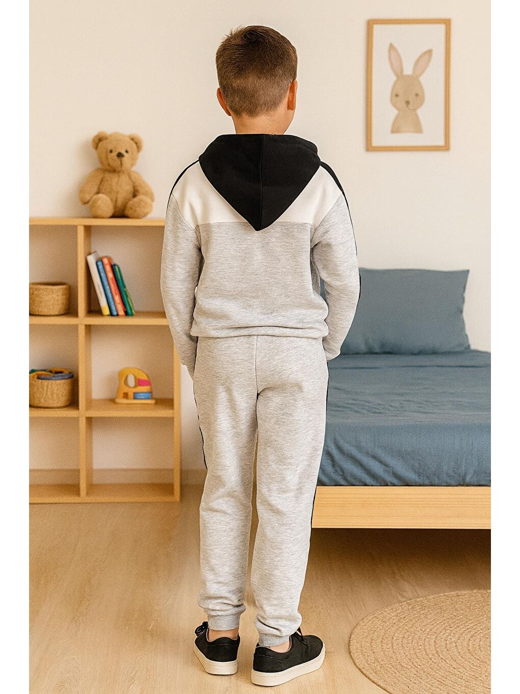 3 İplik Şardonsuz Kapüşonlu Alt Üst Erkek Çocuk Takım|Gri Melanj-2