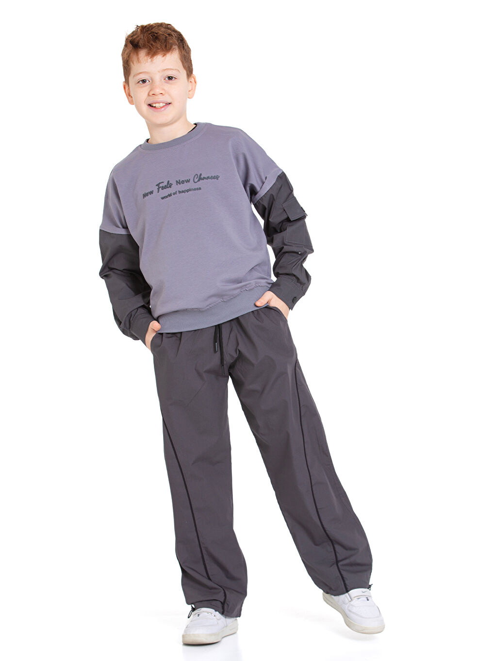 Gri Erkek Çocuk 2 İplik Kol Cepli Alt-Üst Takım P1076-3