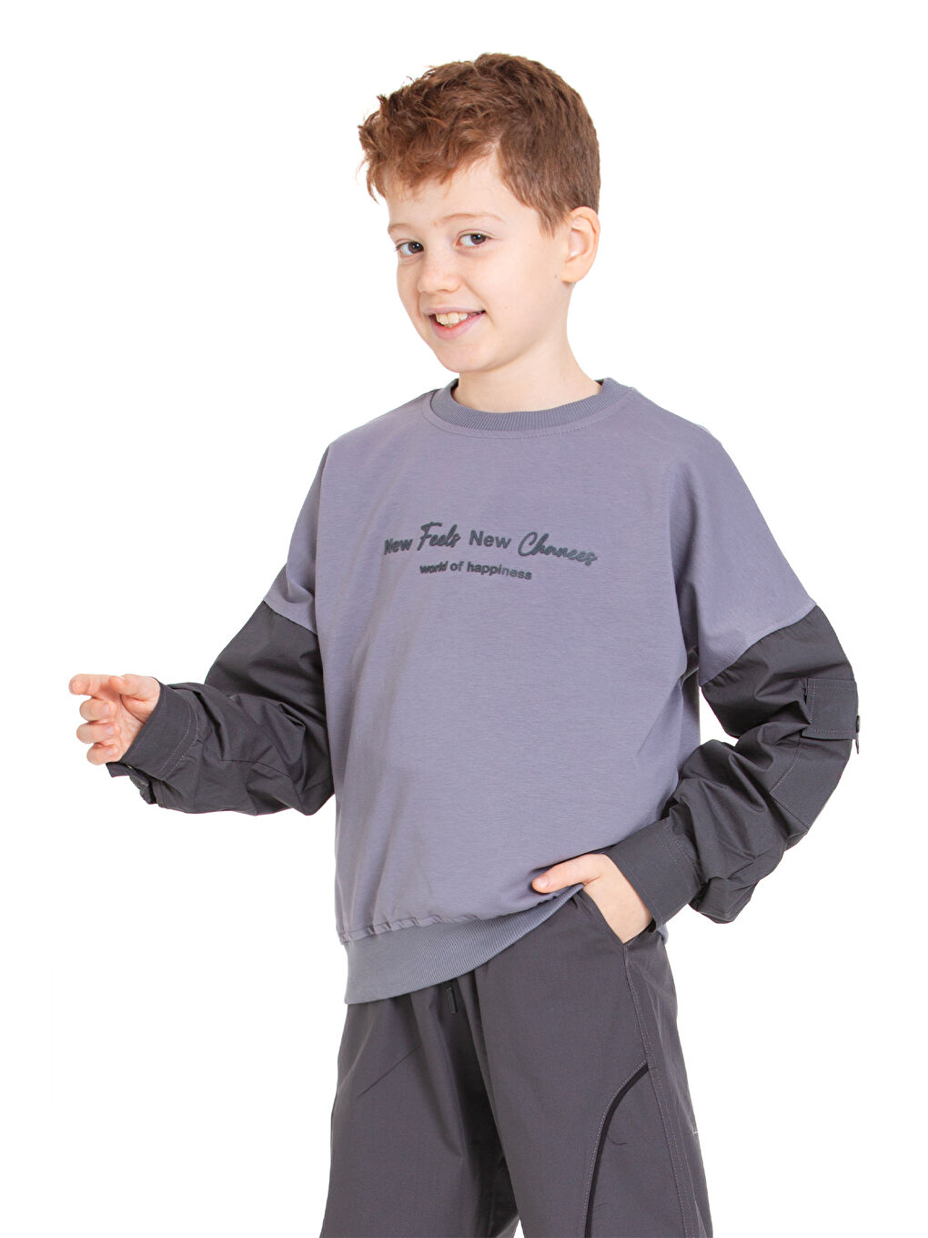 Gri Erkek Çocuk 2 İplik Kol Cepli Alt-Üst Takım P1076-4