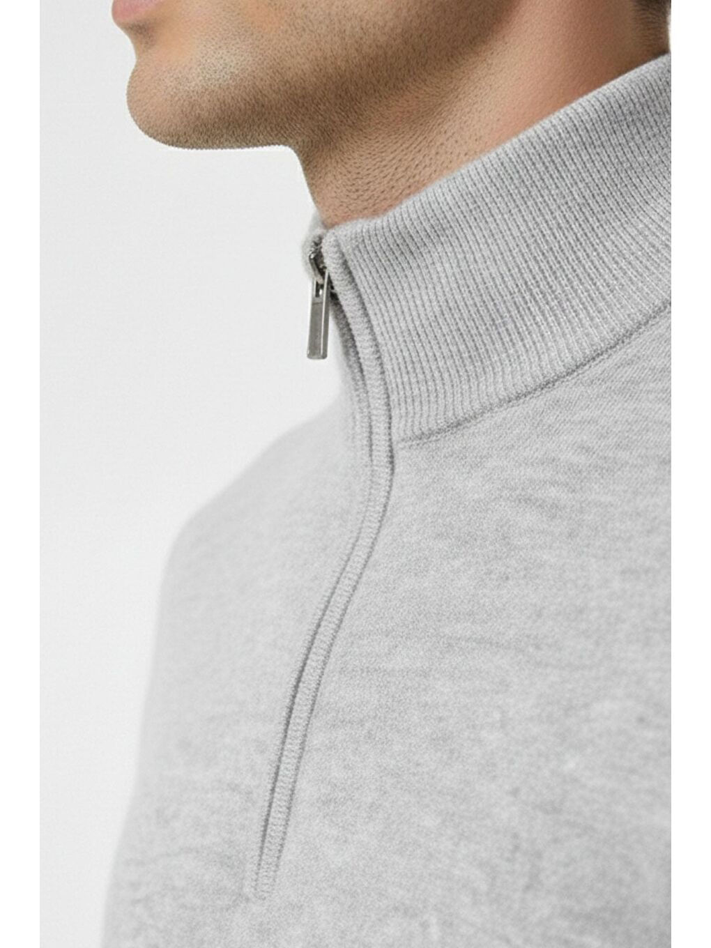 Gri Siyah Regular Fit Pamuklu Fermuarlı Yarım Balıkçı Yaka Erkek Triko Kazak-2