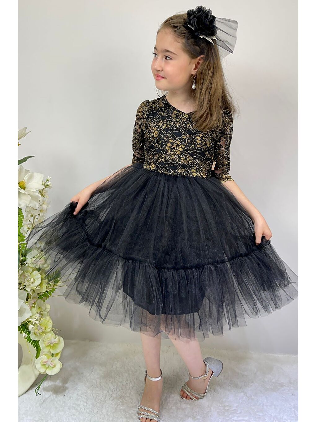 Siyah Kordone Dantel Sırt Fermuarlı Kız Çocuk Tütülü Abiye-4