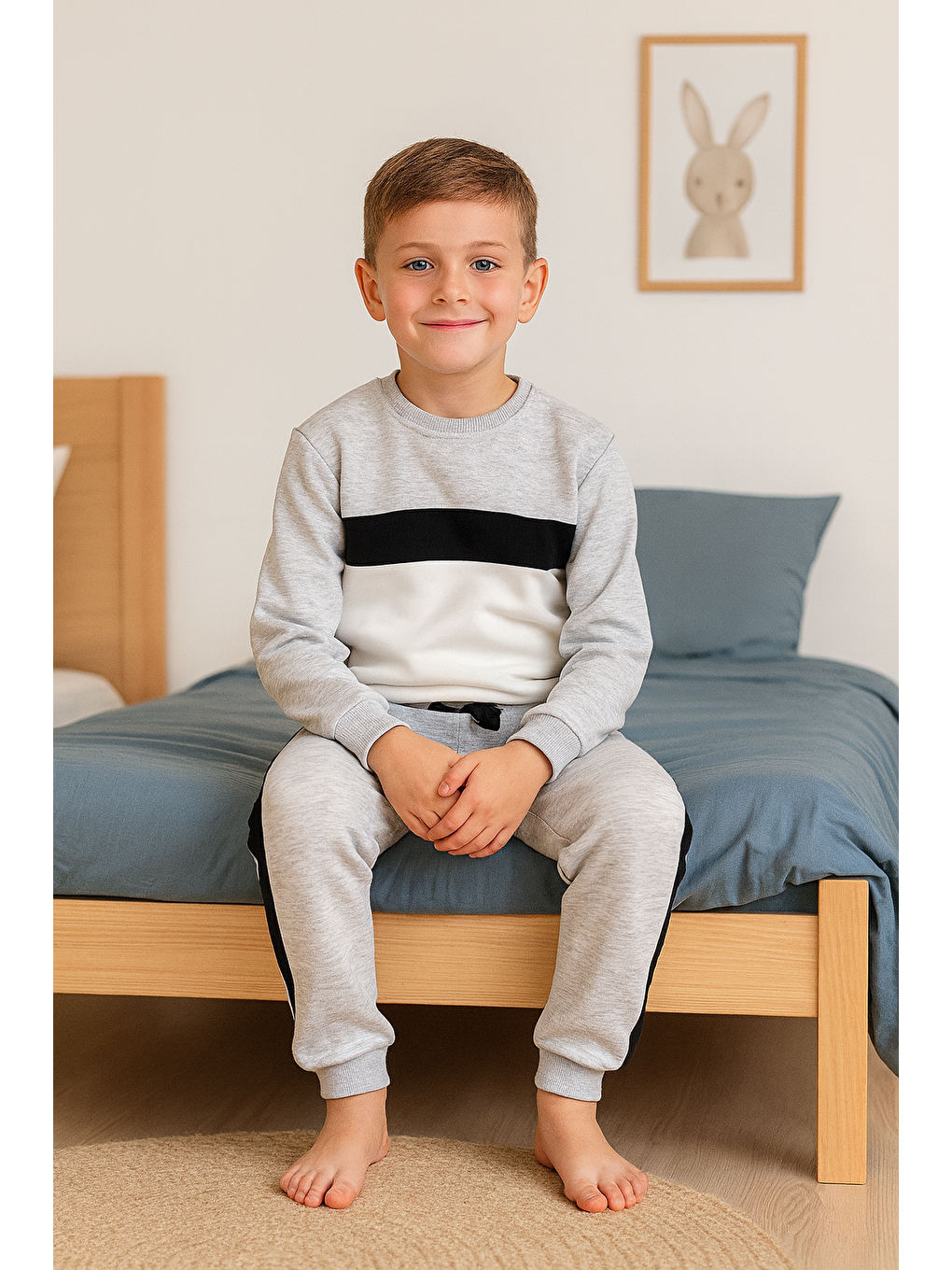 3 İplik Şardonsuz Bisiklet Yaka Erkek Çocuk Alt Üst Takım|Gri Melanj-2