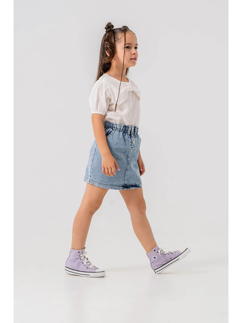 Beyaz Yakalı Jean Etekli Kız Çocuk Takım 2540-2