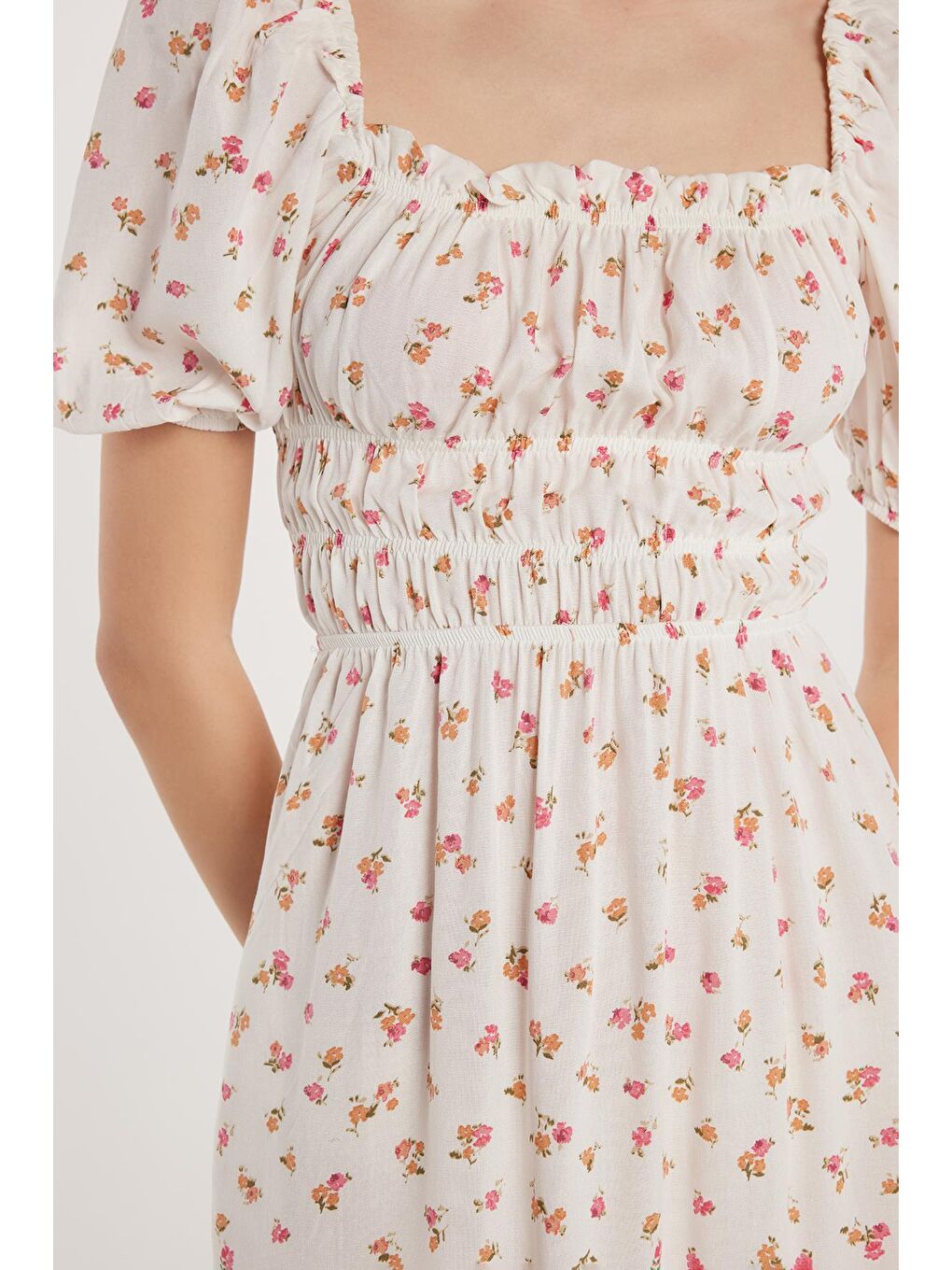 Karışık Kadın Relax Fit Rahat Kesim Beli Lastikli Balon Kol U Yaka Baskılı Elbise-2