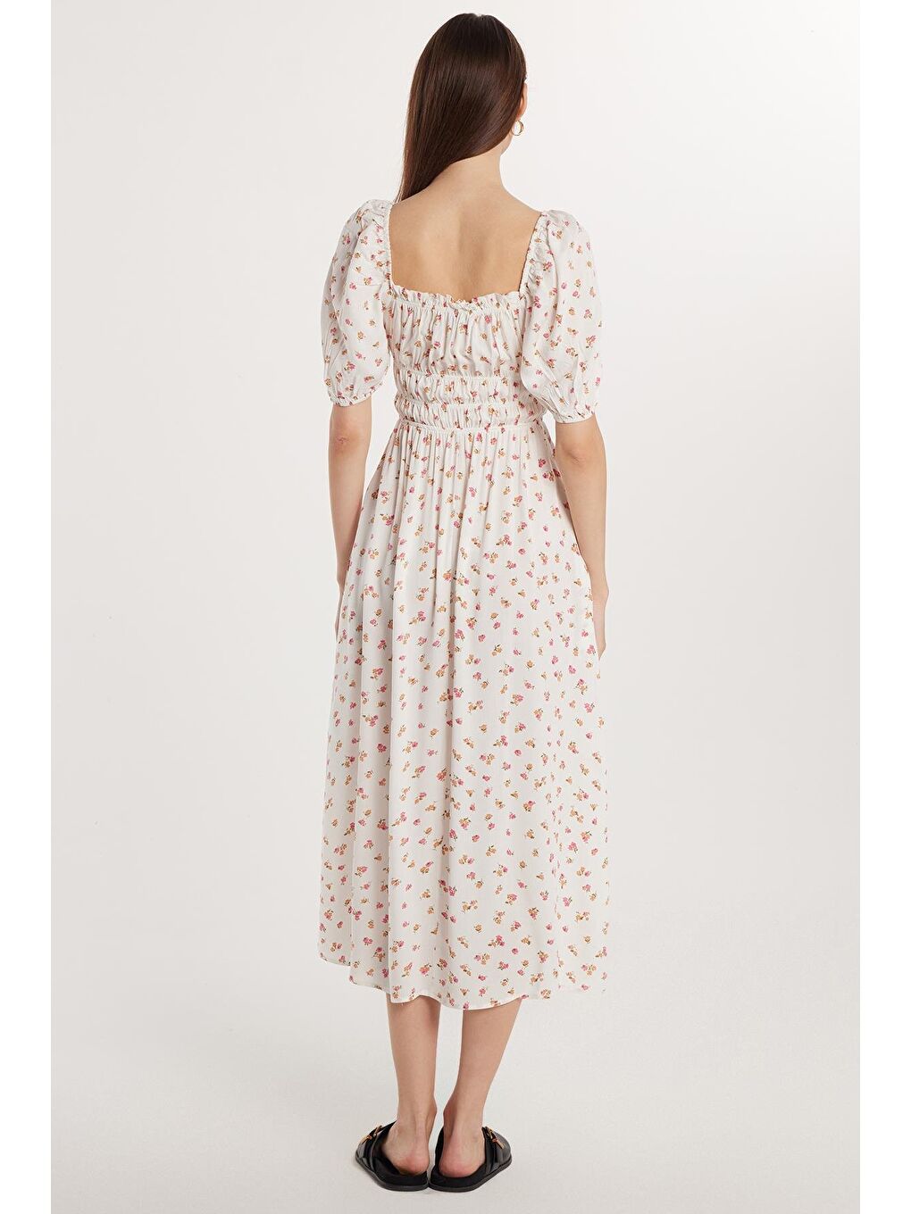 Karışık Kadın Relax Fit Rahat Kesim Beli Lastikli Balon Kol U Yaka Baskılı Elbise-4