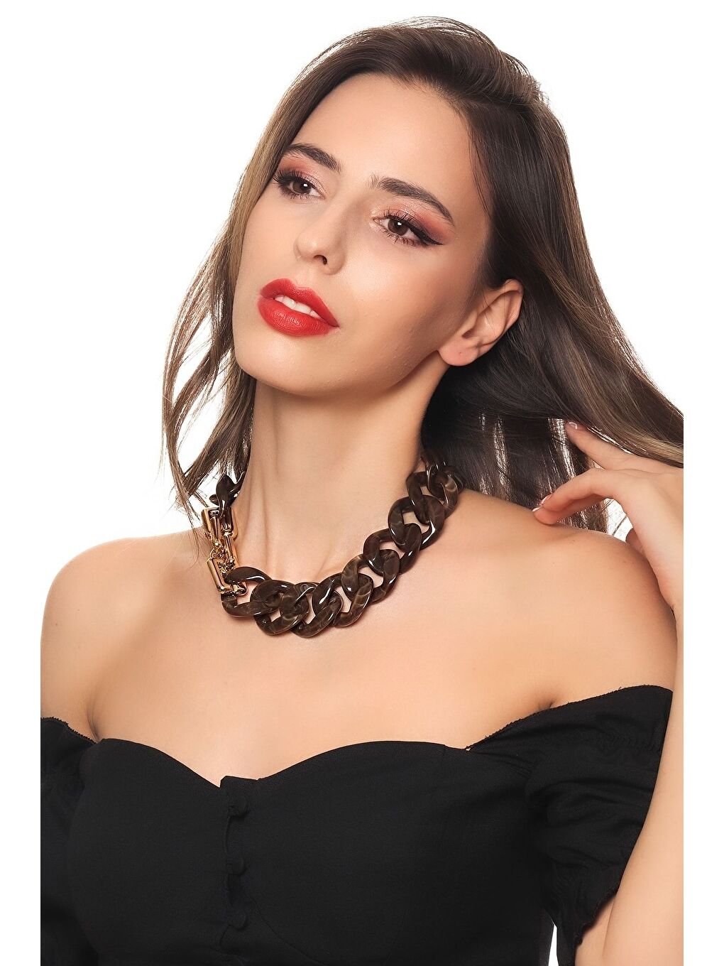 Kadın Kalın Zincir Kahverengi Reçine Kolye-2