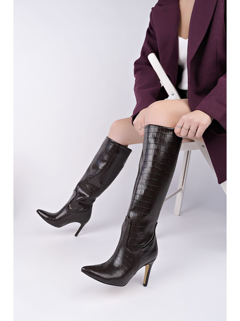 Kahverengi CLARİSSA Sivri Burun Kroko Desenli İnce Topuklu Kadın Çizme