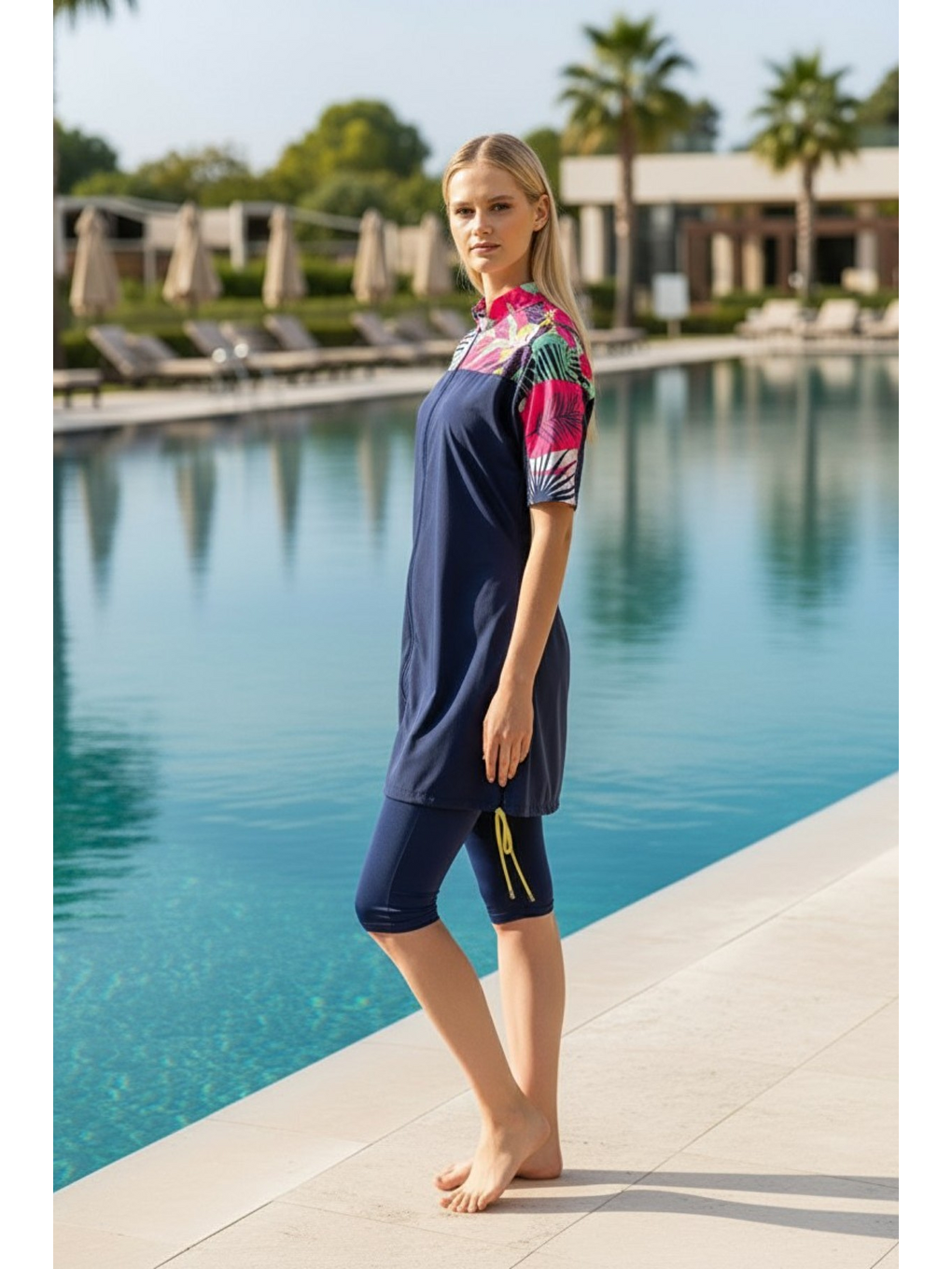 Lacivert Hızlı Kuruyan Paraşüt Kumaş 4 Parça Kısa Kollu Yarı Kapalı Mayo 25754-1