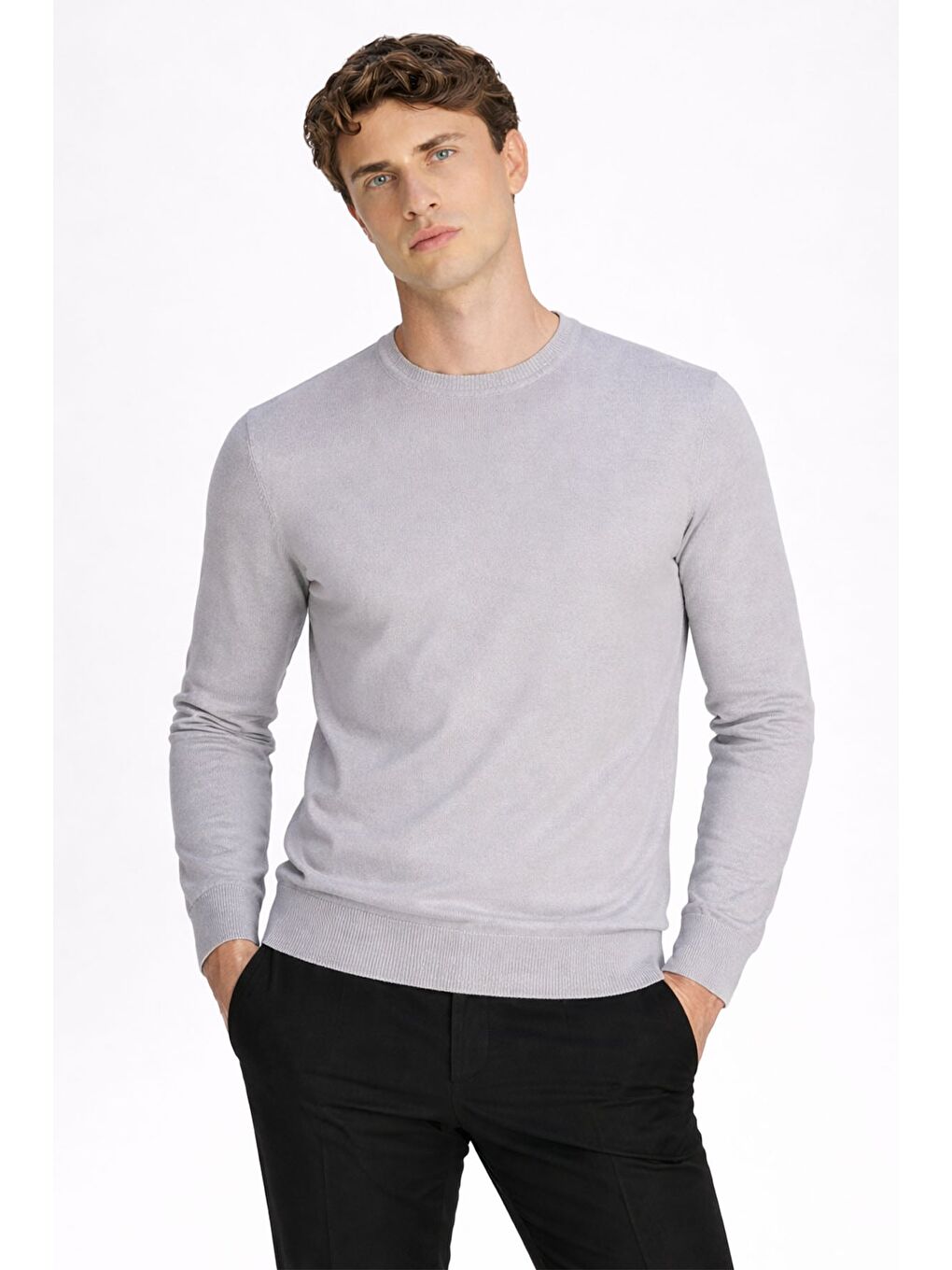 Standart Fit Orta Gri Yün Karışımlı Bisiklet Yaka Düz Desen Triko Kazak-1