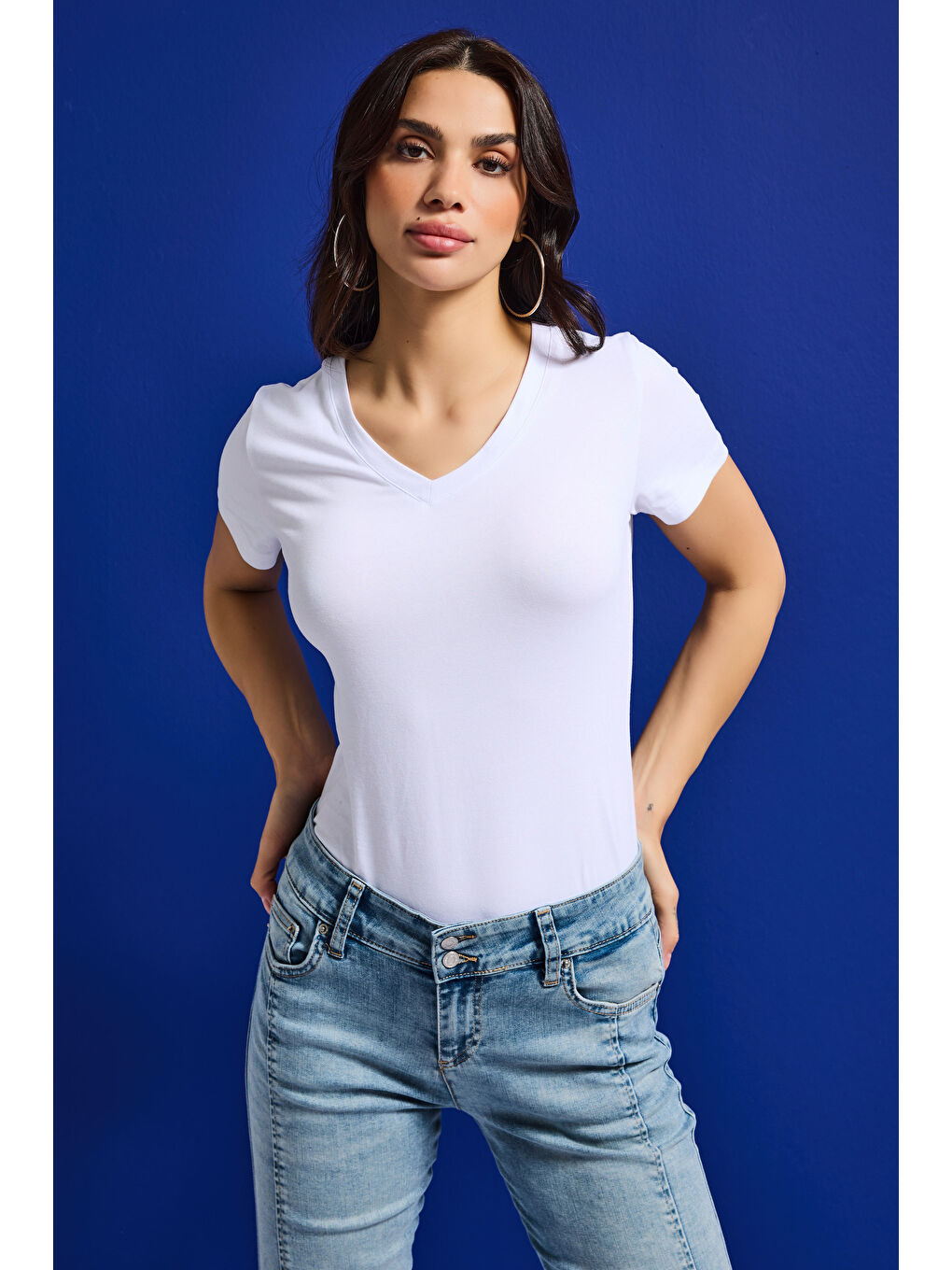 Kadın Beyaz s6-2 V Yaka %100 Organik Pamuk Esnek Kumaş T-Shirt-3