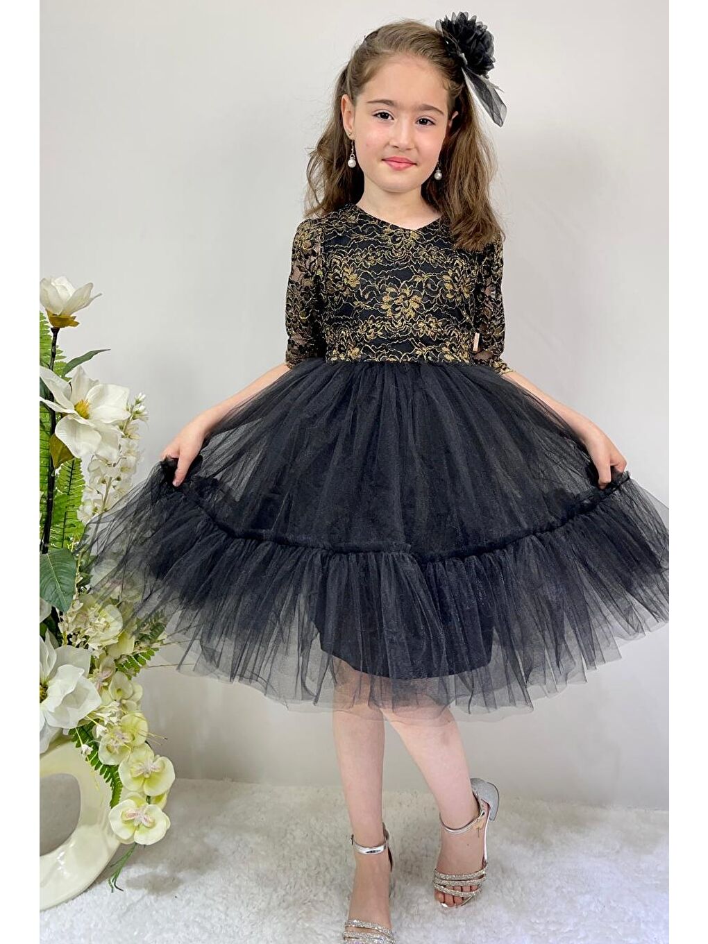 Siyah Kordone Dantel Sırt Fermuarlı Kız Çocuk Tütülü Abiye-6