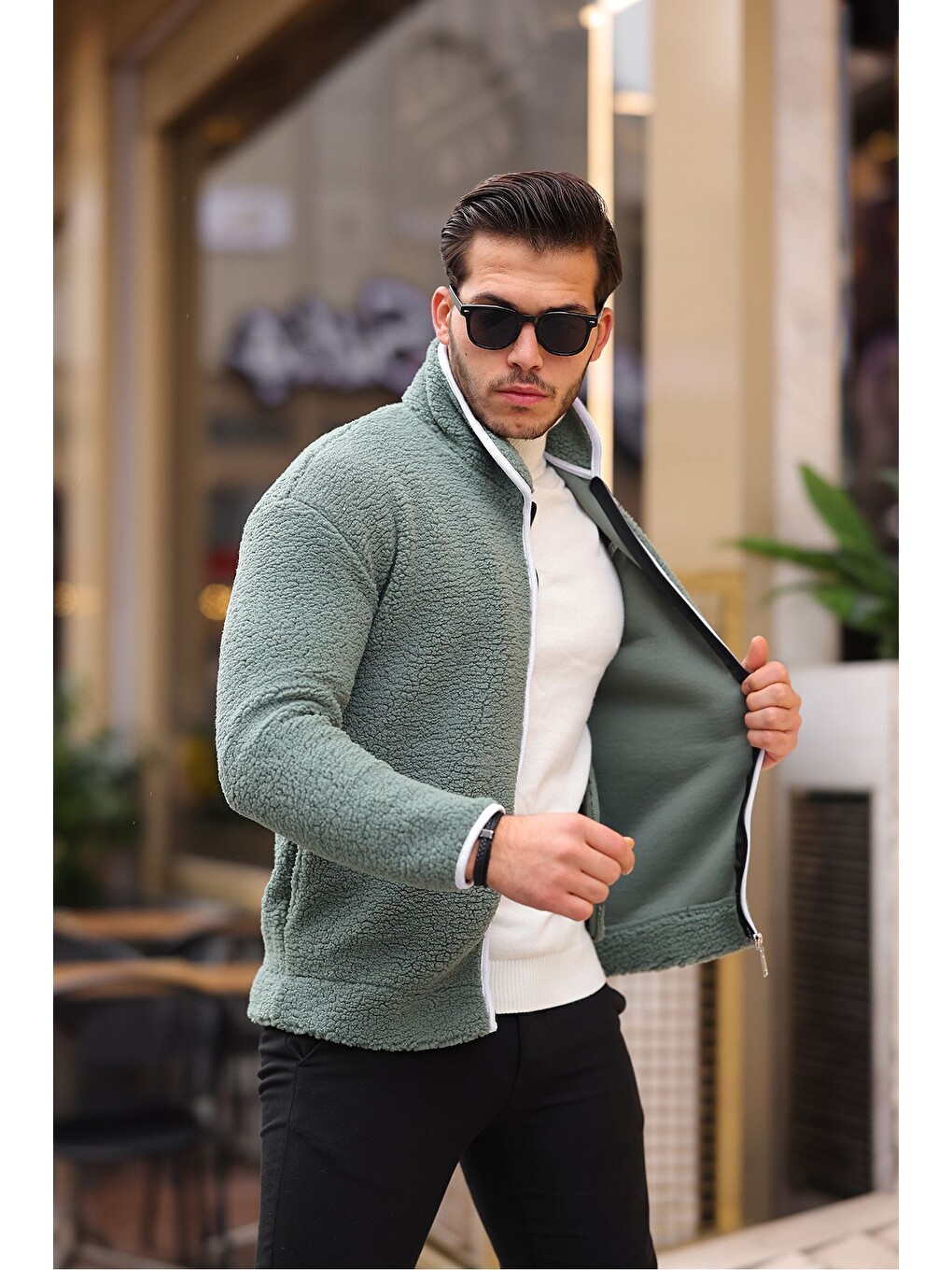 Turkuaz Yan Cepli Tam Fermuarlı Pelüş Sweatshirt