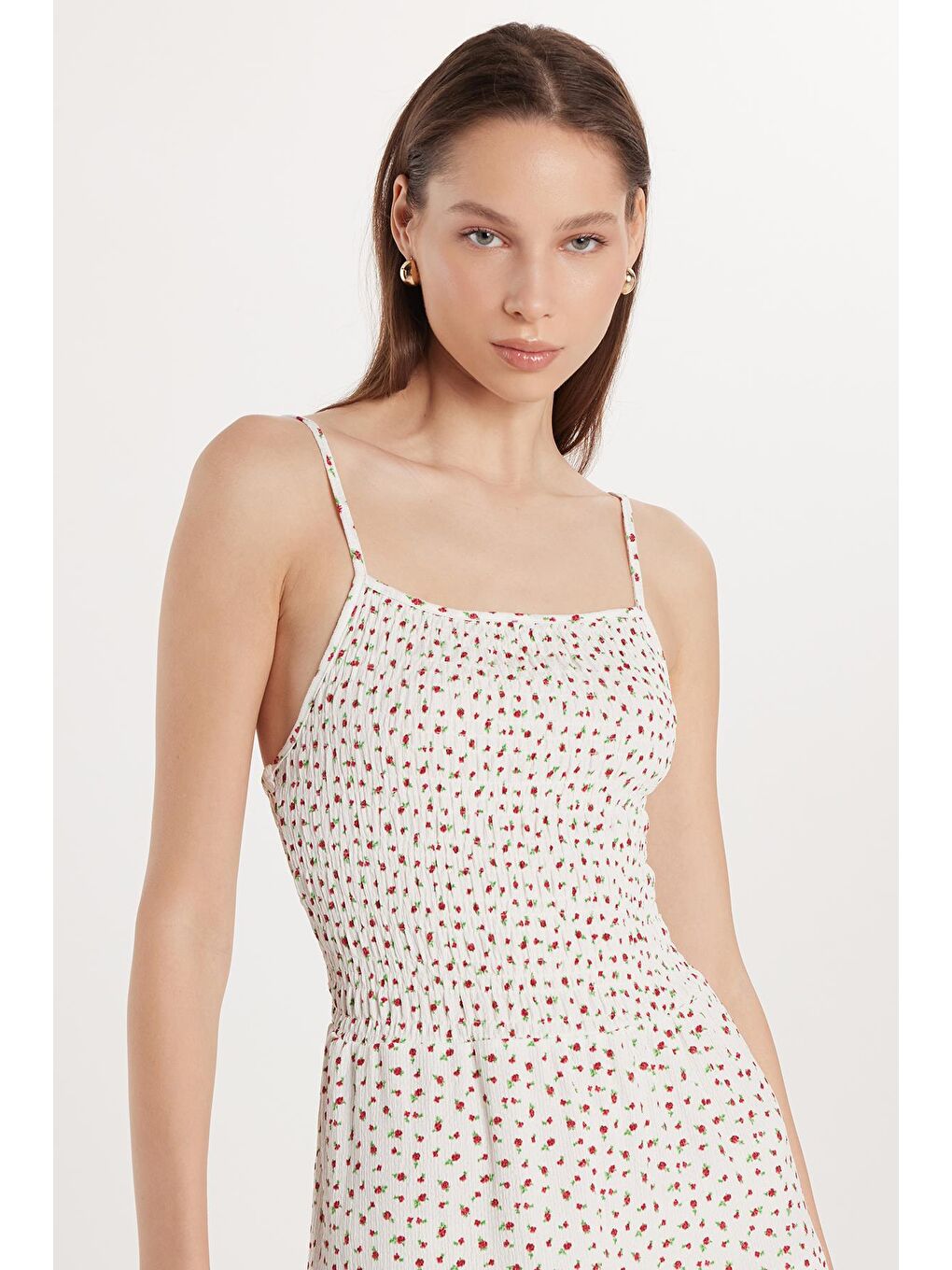 Karışık Kadın Slim Fit Dar Kesim İnce Askılı Büzgülü Kare Yaka Elbise-1