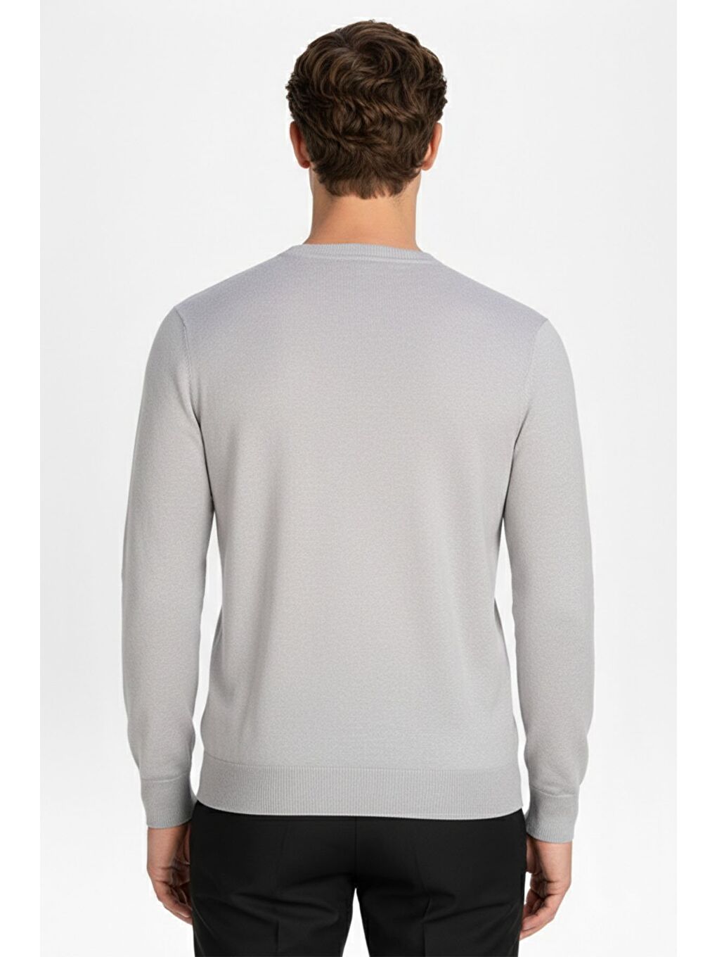 Standart Fit Orta Gri Yün Karışımlı Bisiklet Yaka Düz Desen Triko Kazak-3