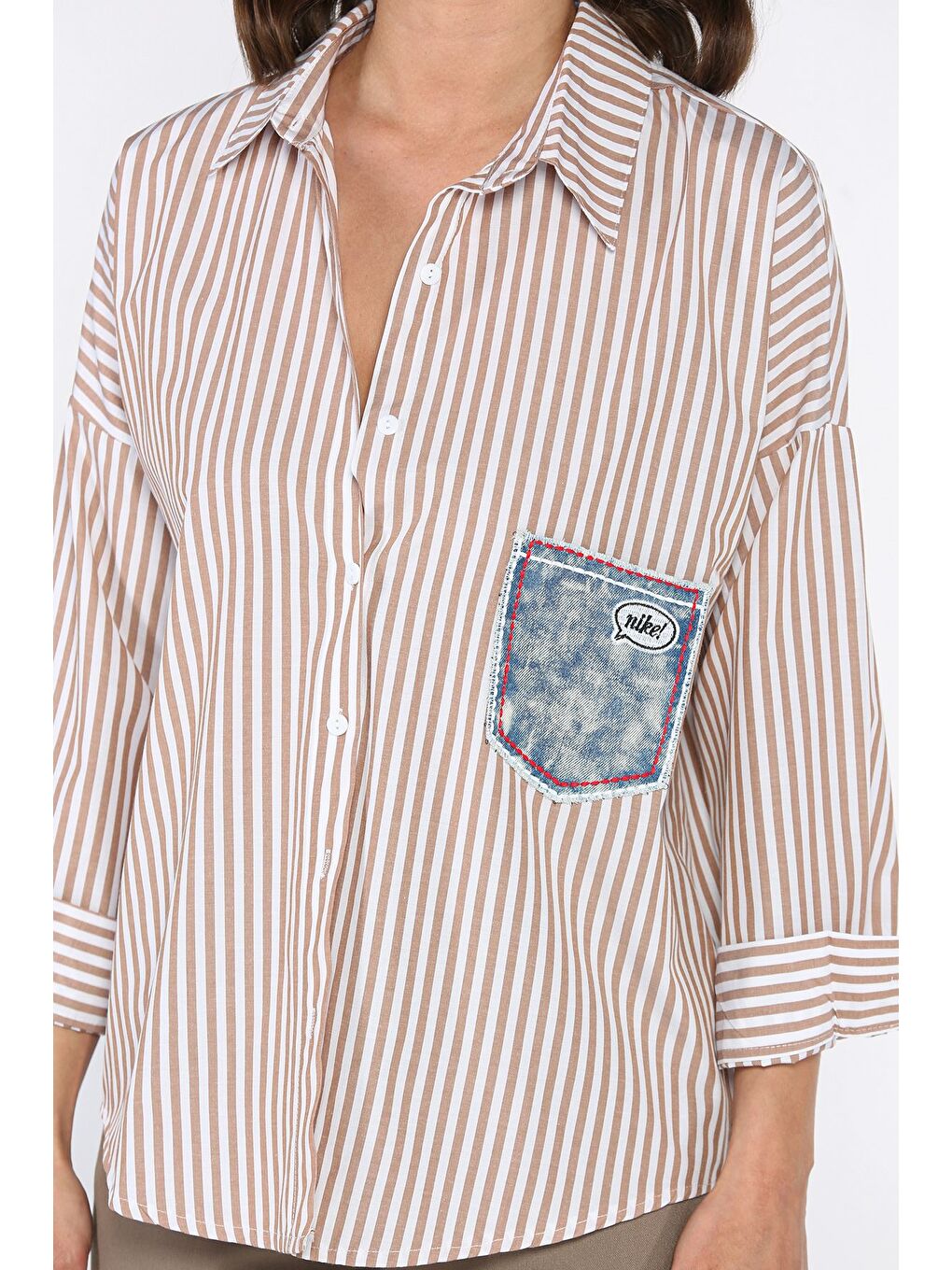 Bej Çizgili Cepli Kadın Salaş Gömlek-3