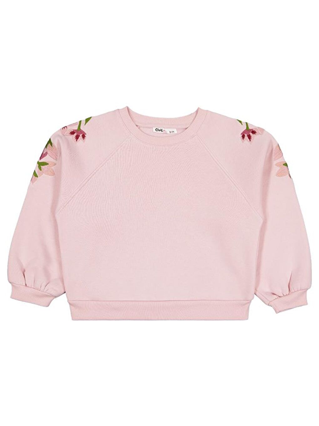 Pembe Girls Omuzu Çiçek Nakışlı 6-9 Yaş Sweatshirt-1