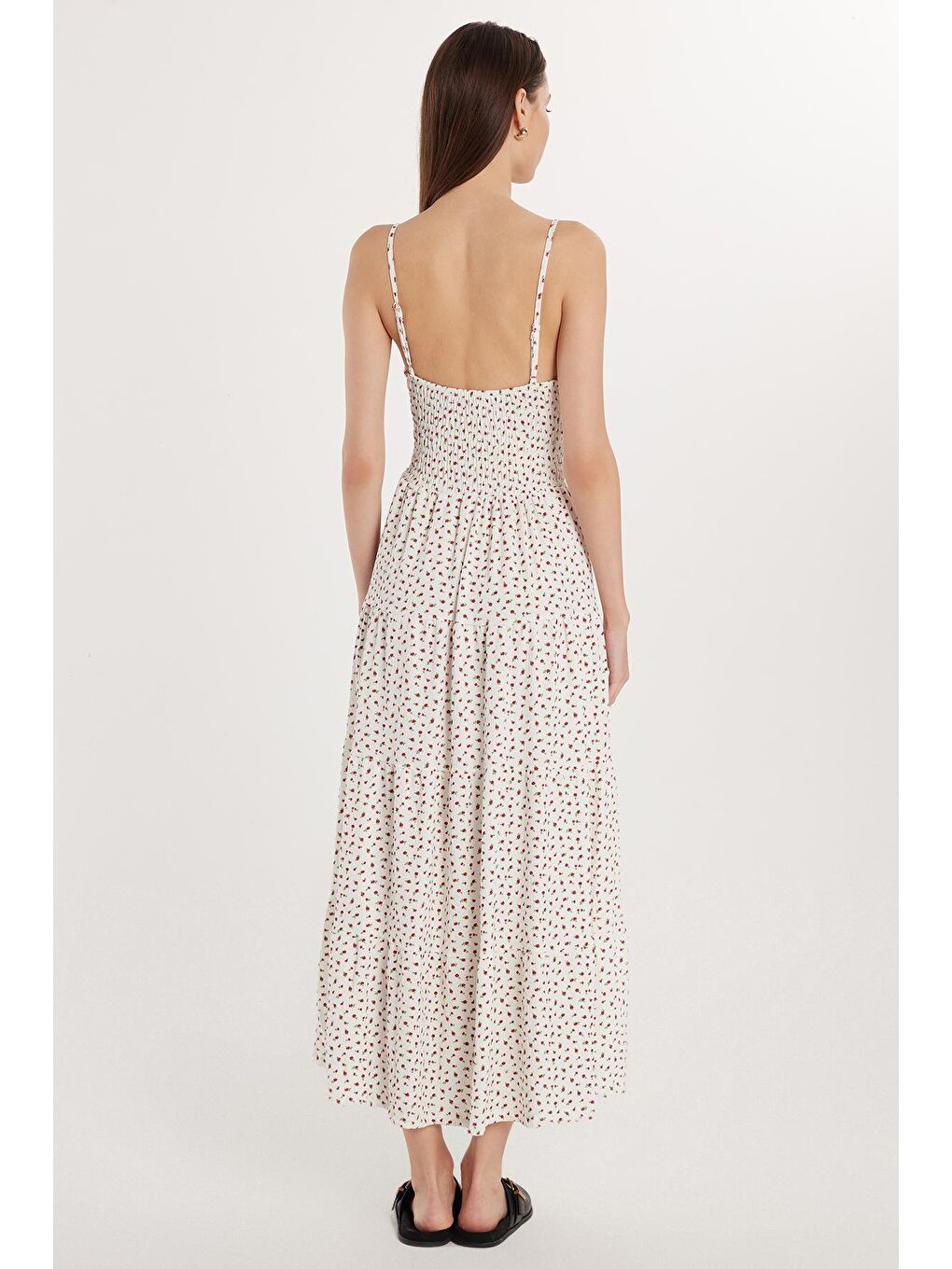 Karışık Kadın Slim Fit Dar Kesim İnce Askılı Büzgülü Kare Yaka Elbise-4