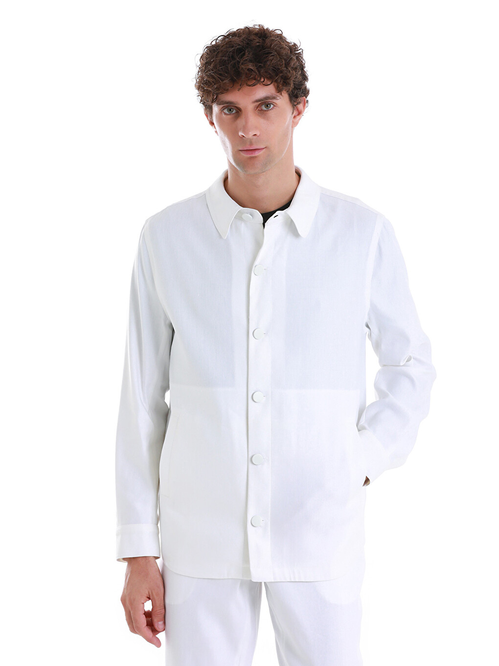 Beyaz Barron Regular Fit Düz Mono Yaka Keten Overshirt Spor Takım-1