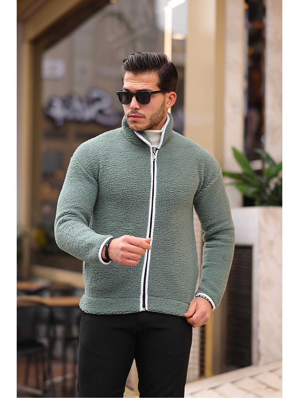 Turkuaz Yan Cepli Tam Fermuarlı Pelüş Sweatshirt-1