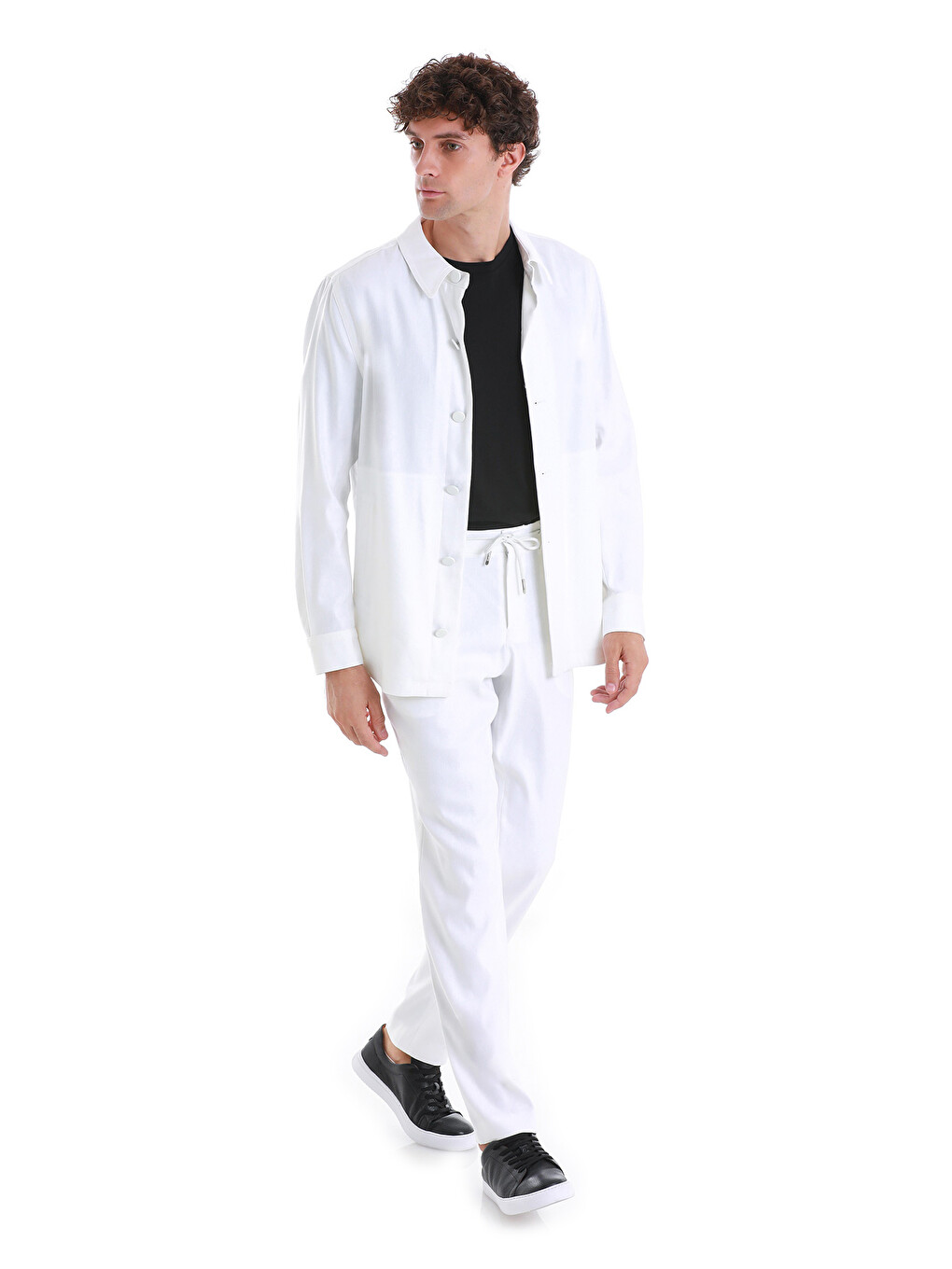 Beyaz Barron Regular Fit Düz Mono Yaka Keten Overshirt Spor Takım-2