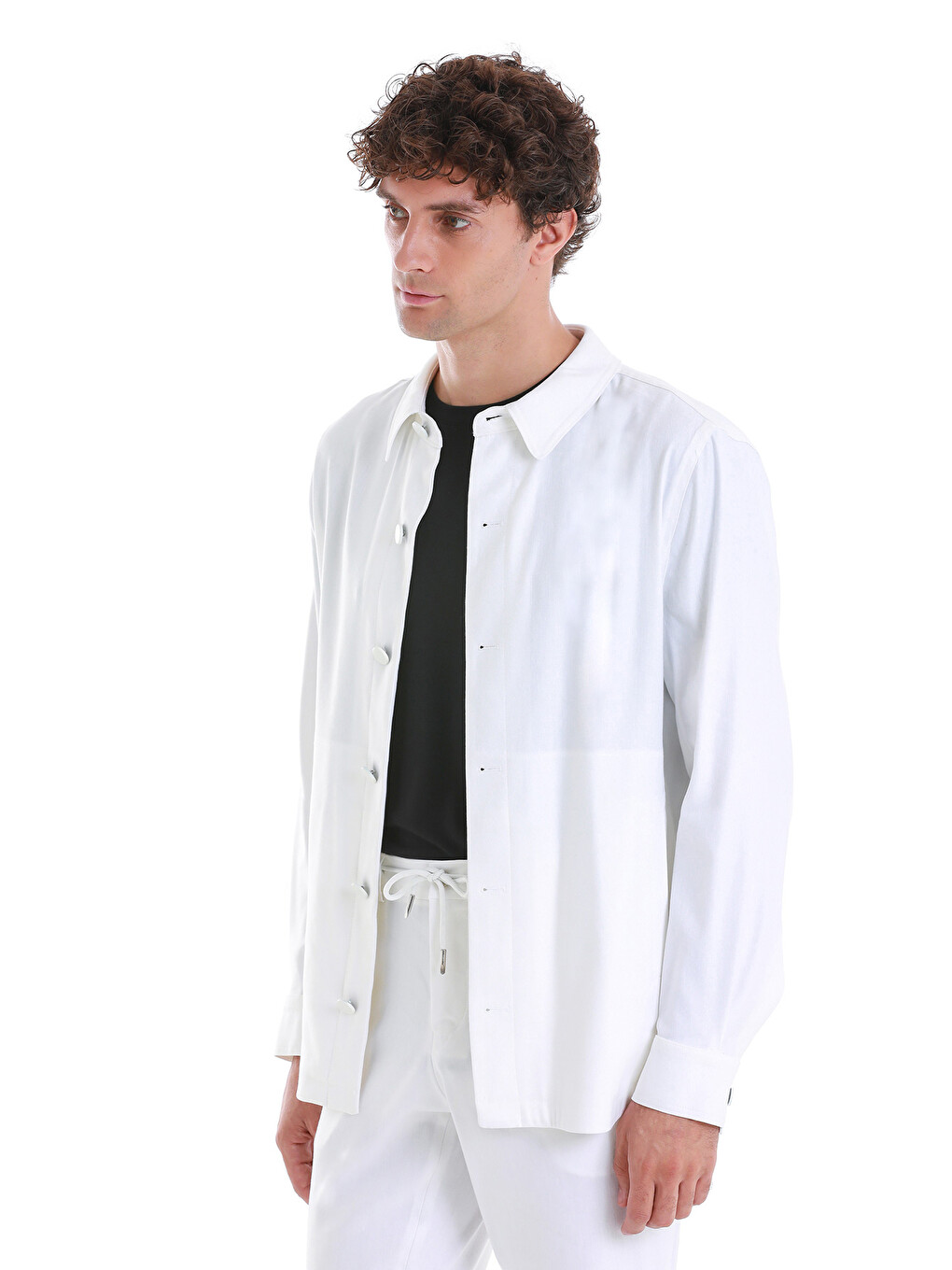 Beyaz Barron Regular Fit Düz Mono Yaka Keten Overshirt Spor Takım-3
