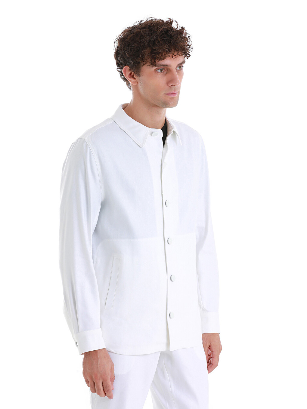 Beyaz Barron Regular Fit Düz Mono Yaka Keten Overshirt Spor Takım-4