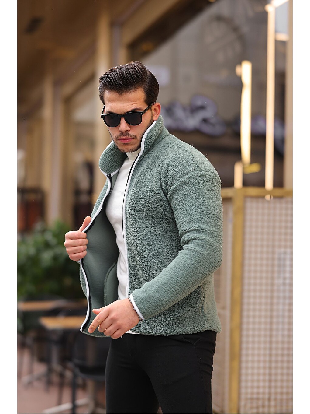 Turkuaz Yan Cepli Tam Fermuarlı Pelüş Sweatshirt-2