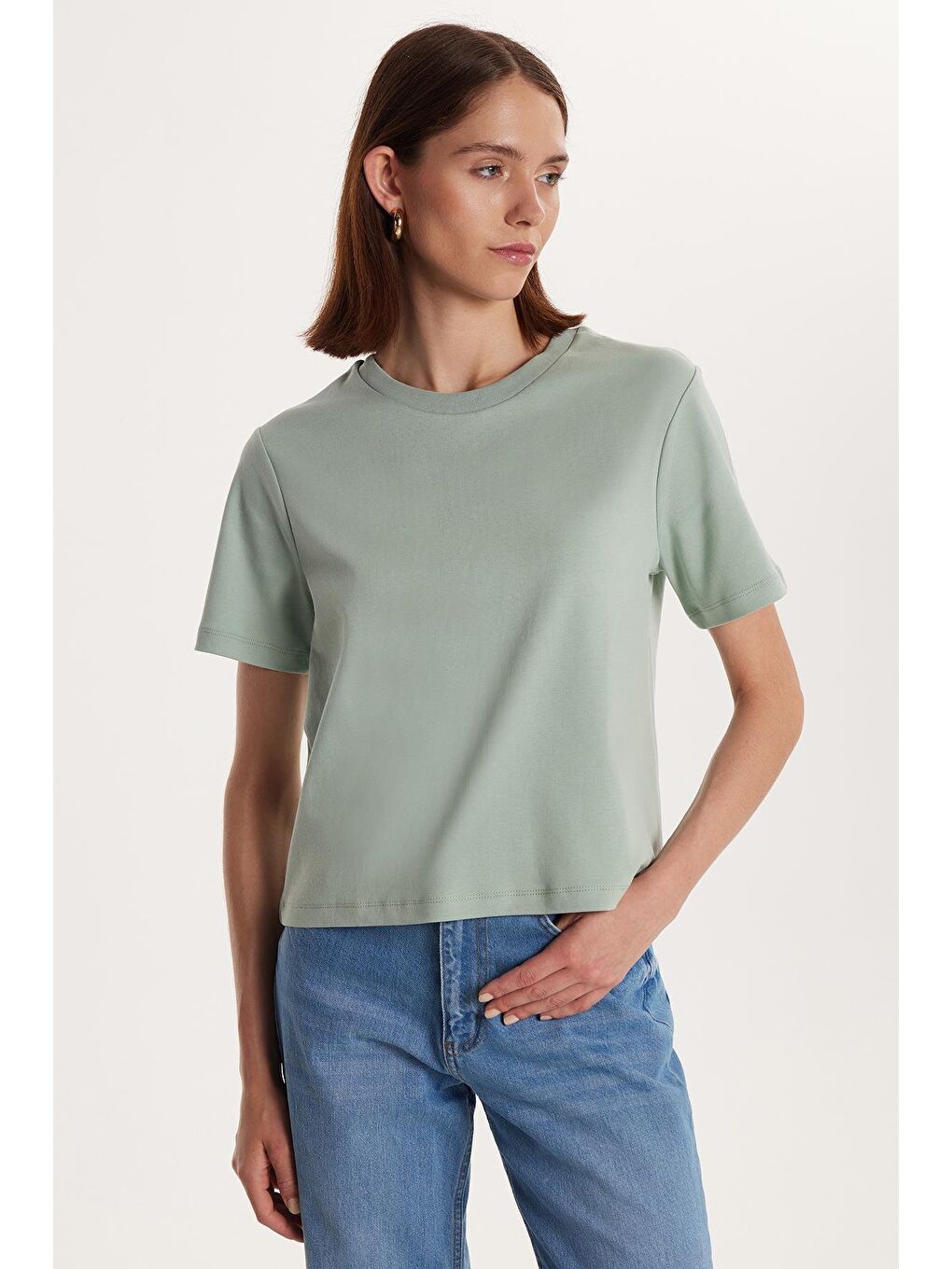 Yeşil Kadın Relax Fit Rahat Kesim %100 Pamuk Kısa Kollu Bisiklet Yaka Mint Tişört-1