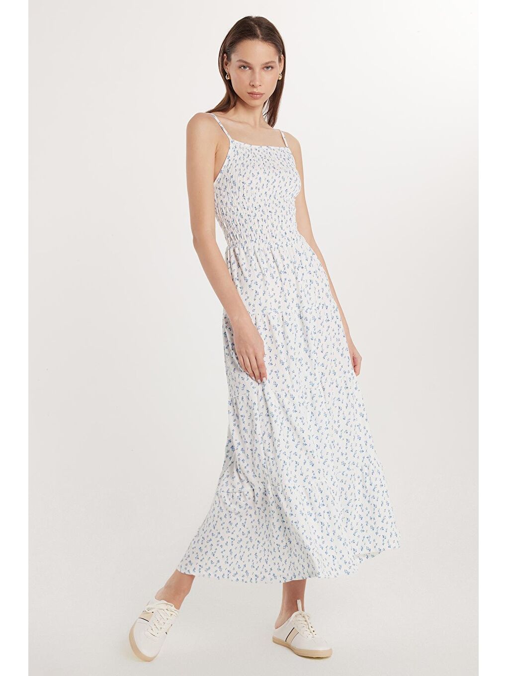 Karışık Kadın Slim Fit Dar Kesim İnce Askılı Büzgülü Kare Yaka Elbise